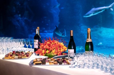 Salle lumineuse avec des tables en bois, des stands d'exposition et des personnes observant ou manipulant des objets.