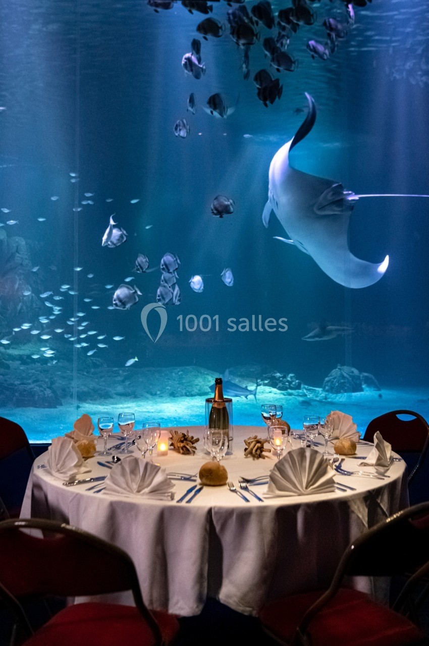 Table dressée pour un dîner face à un grand aquarium avec des poissons et une raie manta nageant en arrière-plan.
