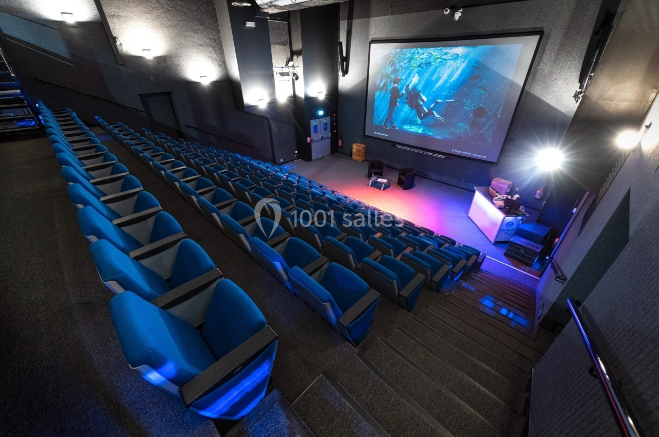 Salle de projection avec des rangées de sièges bleus, un écran affichant une scène sous-marine et un projecteur allumé.