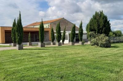 Terrasse en bois avec garde-corps métallique, offrant une vue dégagée sur un paysage champêtre sous un ciel bleu.