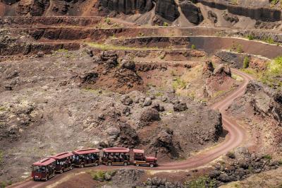 Chambre lumineuse avec lit double, mur décoré de papier peint à motifs végétaux et éclairage d'appoint.