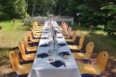 Paysage d'une ancienne carrière volcanique avec des formations rocheuses, entourée de végétation et sous un ciel bleu.