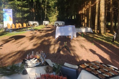 Paysage d'une ancienne carrière volcanique avec des formations rocheuses, entourée de végétation et sous un ciel bleu.