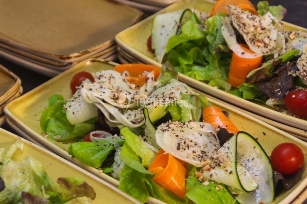 Assiettes de salade composée avec légumes frais, tomates cerises, carottes, courgettes et graines.