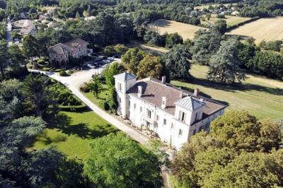 Intérieur d'une tente de réception avec tables rondes décorées, chaises en bois clair et lumière naturelle.