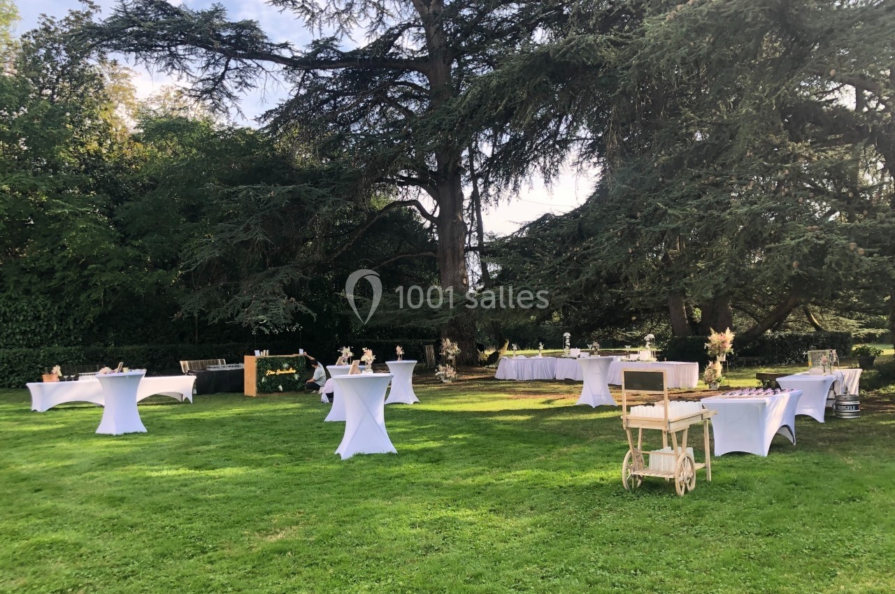 Tables hautes et buffets dressés sur une pelouse verdoyante, entourés d'arbres, pour un événement en plein air.