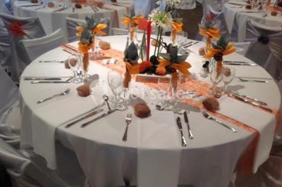 Intérieur d'une tente de réception avec tables rondes décorées, chaises en bois clair et lumière naturelle.