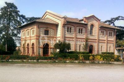 Intérieur d'une tente de réception avec tables rondes décorées, chaises en bois clair et lumière naturelle.