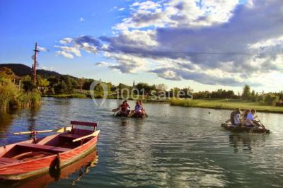 Salle de réception décorée pour un mariage, avec des tables alignées et nappes blanches ornées de nœuds roses.