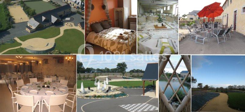 Montage d'images montrant un domaine avec hébergements, salles de réception, espaces extérieurs et aménagements paysagers.