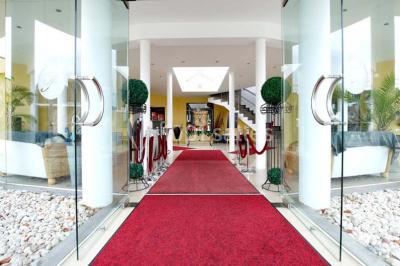 Vue d'une maison moderne avec piscine, statue décorative au premier plan et ciel dégagé en arrière-plan.