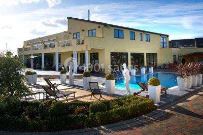 Vue d'une maison moderne avec piscine, statue décorative au premier plan et ciel dégagé en arrière-plan.
