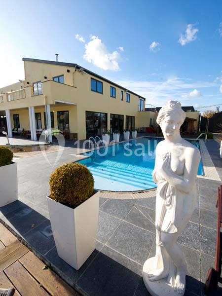 Vue d'une maison moderne avec piscine, statue décorative au premier plan et ciel dégagé en arrière-plan.