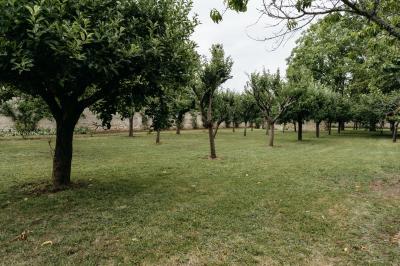 Plaque ’Château de Champvallins’ sur une table en rotin avec une cloche dorée et une boîte décorative.