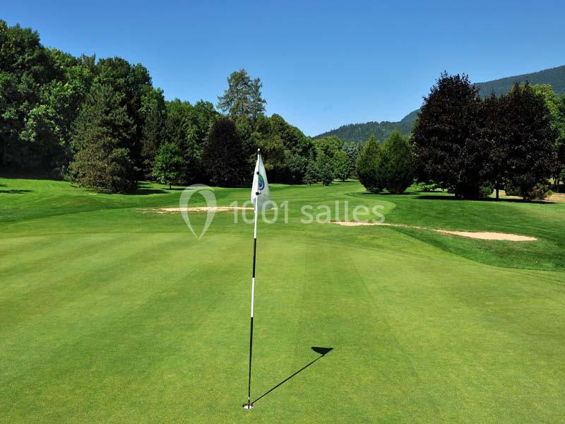 Vue d'un terrain de golf avec un drapeau sur le green, entouré d'arbres et d'un ciel dégagé.