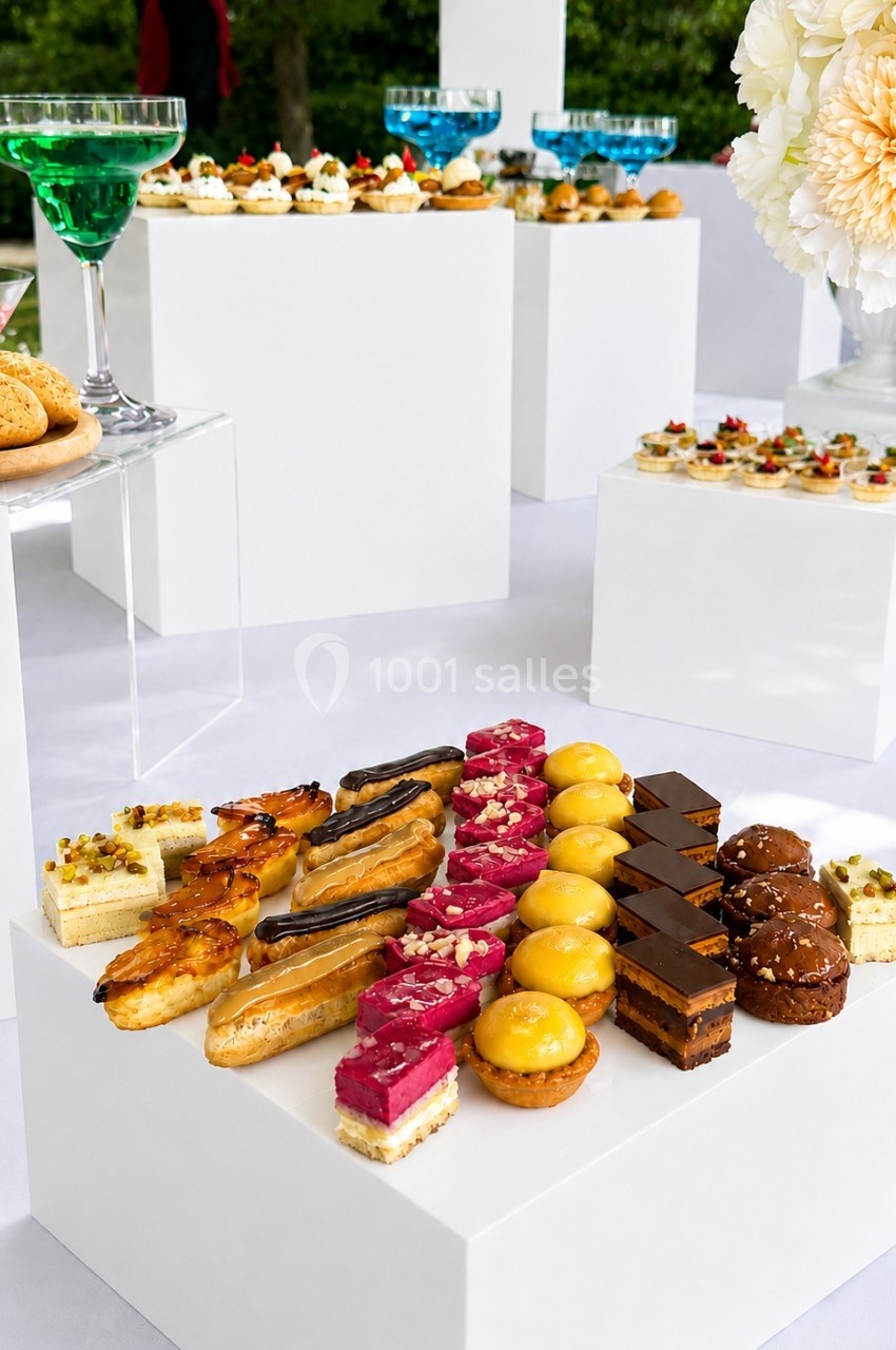 Assortiment de pâtisseries et desserts variés présentés sur des présentoirs blancs lors d'un événement en extérieur.