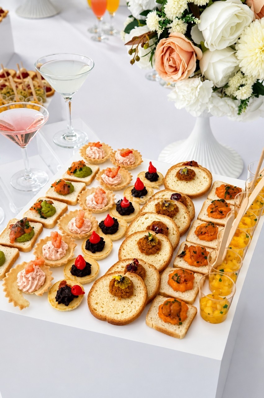 Plateau de canapés variés avec toasts, verrines et décor floral en arrière-plan.