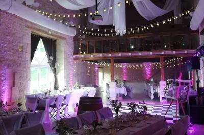 Paysage matinal avec un grand arbre isolé dans une prairie, entouré de brume et éclairé par une lumière douce.