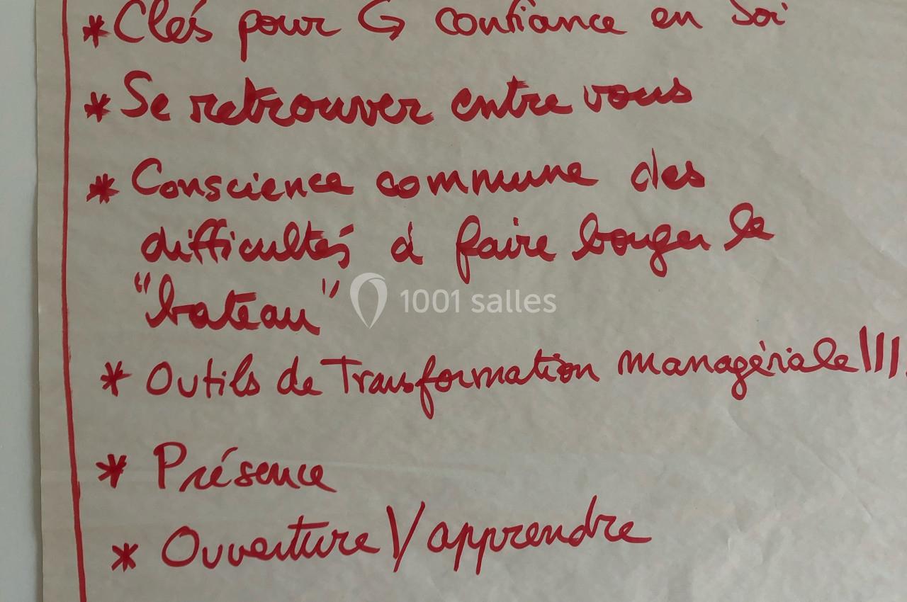 Liste manuscrite sur une feuille accrochée au mur, détaillant des attentes liées à la confiance et au développement…