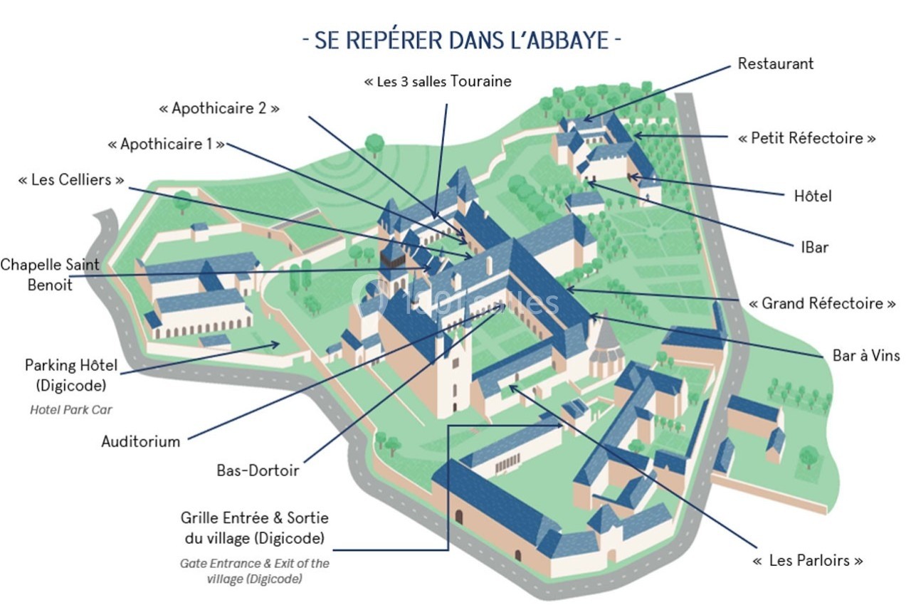 Plan illustré d'une abbaye avec légendes indiquant les bâtiments, espaces et services tels que restaurant, hôtel et…