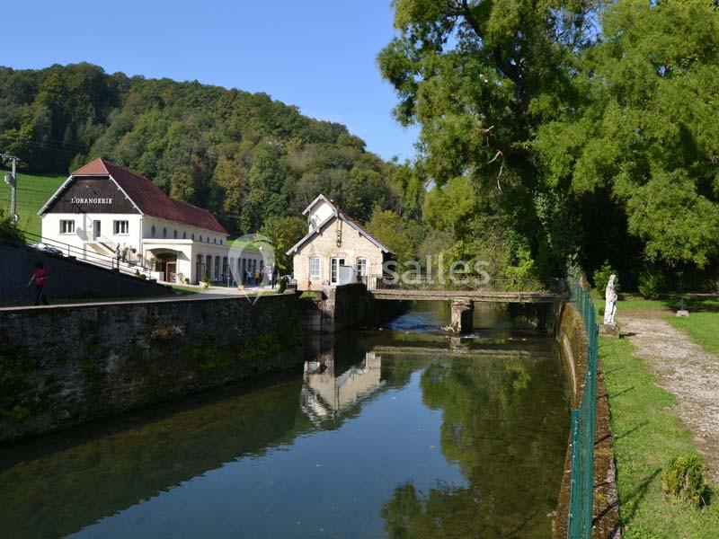 Vue d'un moulin au bord d'une rivière, entouré de verdure et de bâtiments dans un paysage rural.