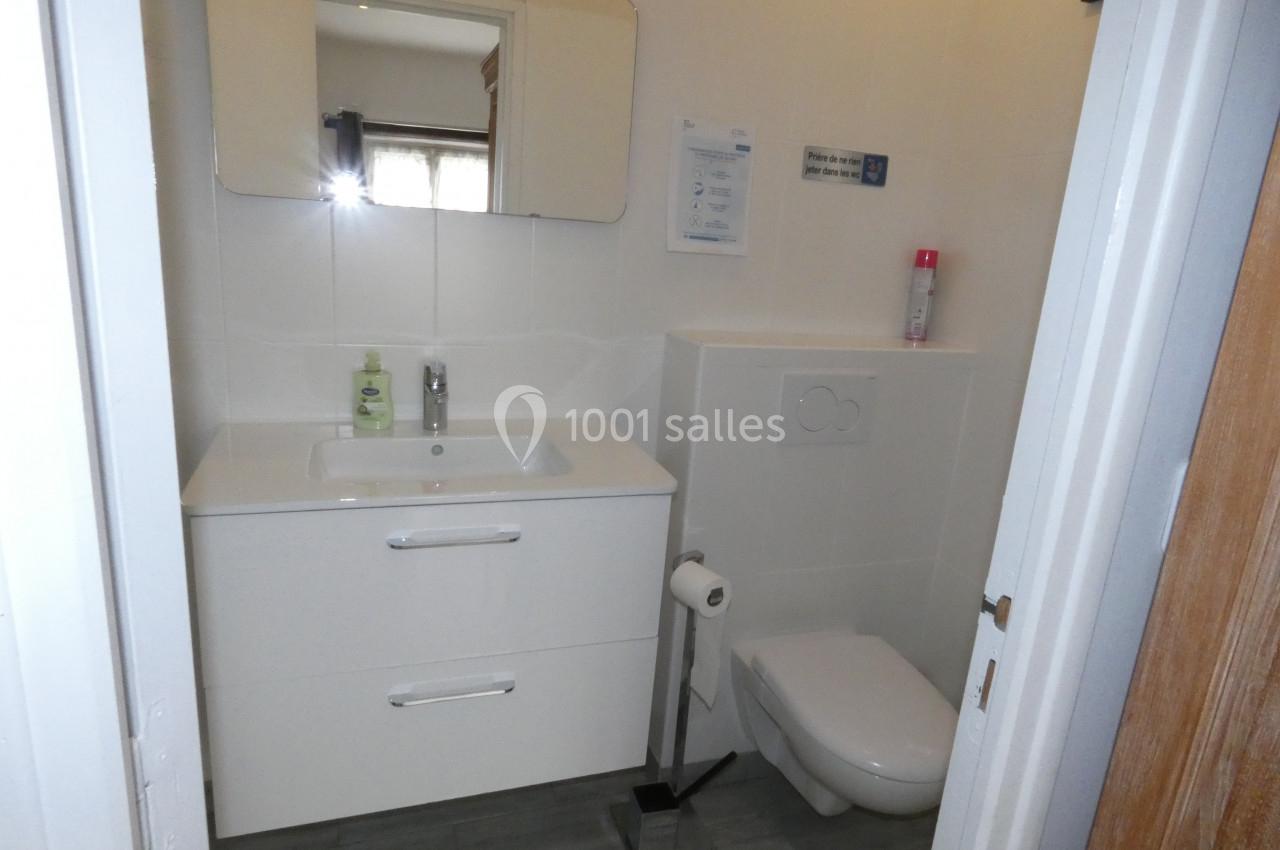 Salle de bain avec lavabo, miroir, toilettes suspendues, papier toilette et sol en carrelage gris.