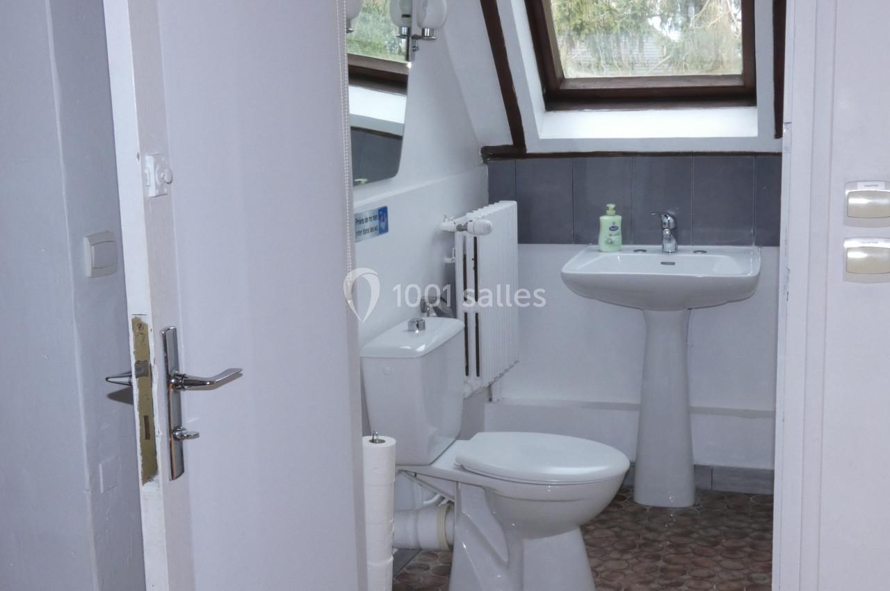 Salle de bain avec toilettes, lavabo, miroir, radiateur et fenêtre inclinée laissant entrer la lumière naturelle.