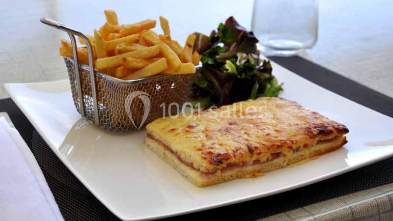 Assiette contenant un croque-monsieur gratiné, des frites dans un panier métallique et une petite salade verte.