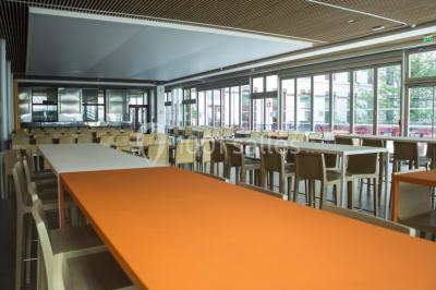 Salle de restauration lumineuse avec de grandes baies vitrées, tables orange et bois, et chaises assorties.