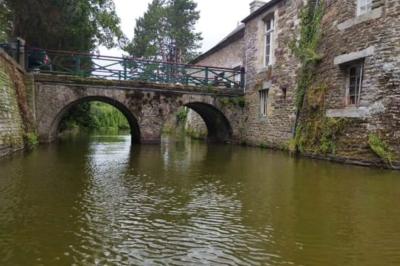 Façade en pierre d'un château bordé par un cours d'eau, avec un pont en arc et des arbres environnants.