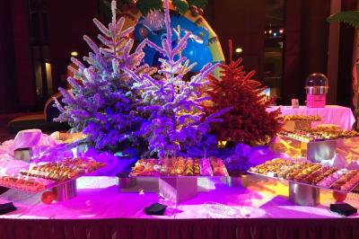 Salle lumineuse avec tables et chaises modernes, sol en moquette, cloison en bois et tapis rouge au centre.