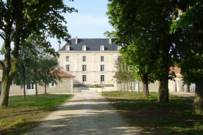 Miniature Location salle Granzay-Gript (Deux-Sèvres) - Château La Bone #6 Un couple de mariés s'embrasse devant une voiture ancienne stationnée dans une cour ensoleillée.