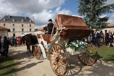 Miniature Location salle Granzay-Gript (Deux-Sèvres) - Château La Bone #31 Un couple de mariés s'embrasse devant une voiture ancienne stationnée dans une cour ensoleillée.