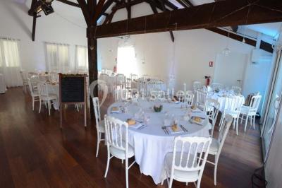 Allée gravillonnée bordée de verdure et de plantes, menant à une entrée avec des arches blanches sous un ciel dégagé.