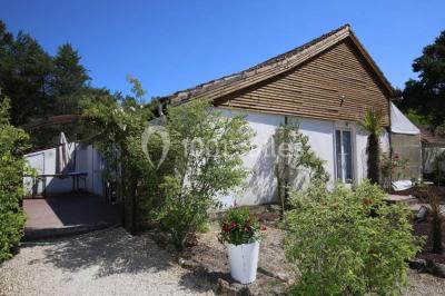Allée gravillonnée bordée de verdure et de plantes, menant à une entrée avec des arches blanches sous un ciel dégagé.