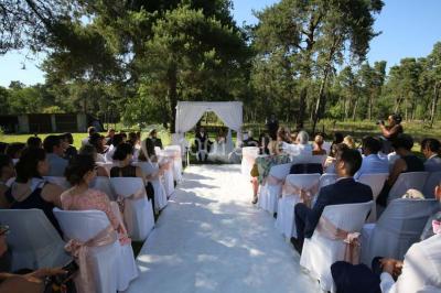 Allée gravillonnée bordée de verdure et de plantes, menant à une entrée avec des arches blanches sous un ciel dégagé.