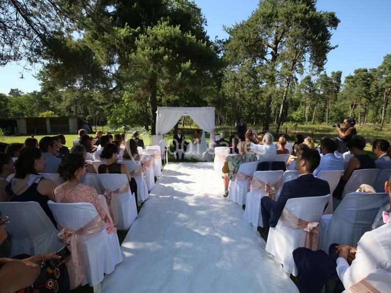 Cérémonie de mariage en plein air avec des invités assis sous un ciel dégagé, entourés d'arbres.