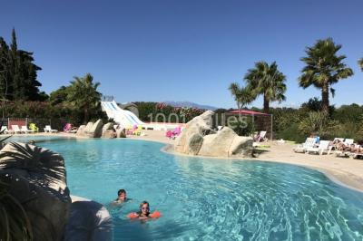 Des animatrices en jupes hawaïennes dansent devant un groupe d'enfants et d'adultes près d'une piscine extérieure.