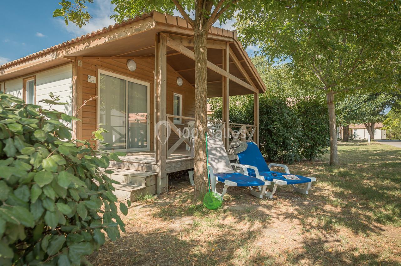 Chalet en bois avec terrasse ombragée, entouré de verdure, et deux transats bleus posés sur la pelouse.