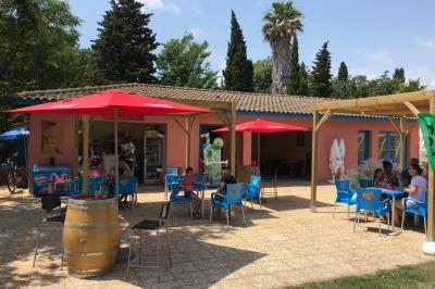 Toboggans aquatiques sinueux entourés de végétation tropicale avec des éléments décoratifs colorés en premier plan.