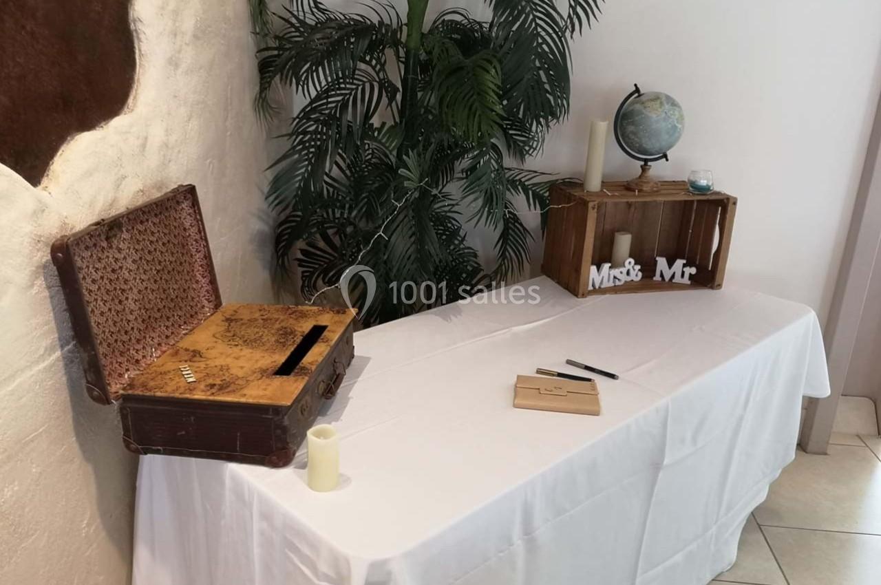 Table décorée avec une valise ancienne, une boîte en bois, un globe terrestre et des éléments de mariage.