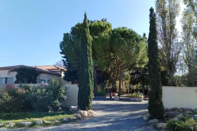 Vue aérienne d'une maison avec toit en tuiles, piscine rectangulaire et jardin arboré dans un cadre rural.