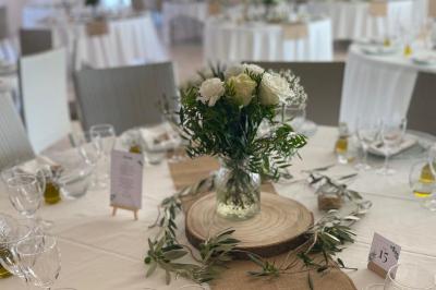 Vue aérienne d'une maison avec toit en tuiles, piscine rectangulaire et jardin arboré dans un cadre rural.