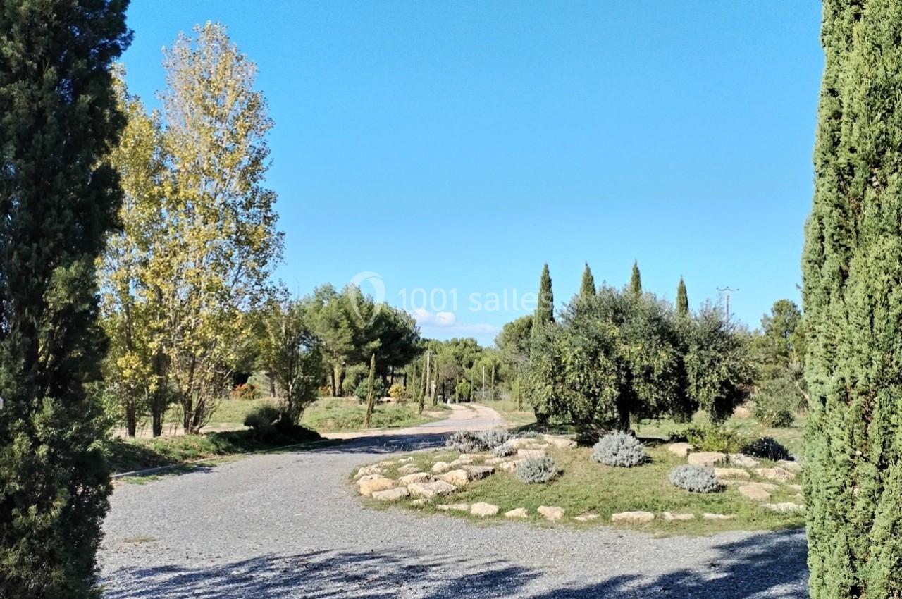 Chemin gravillonné bordé d'arbres et de végétation méditerranéenne sous un ciel bleu dégagé.
