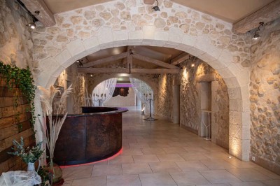 Vue aérienne d'une maison avec toit en tuiles, piscine rectangulaire et jardin arboré dans un cadre rural.