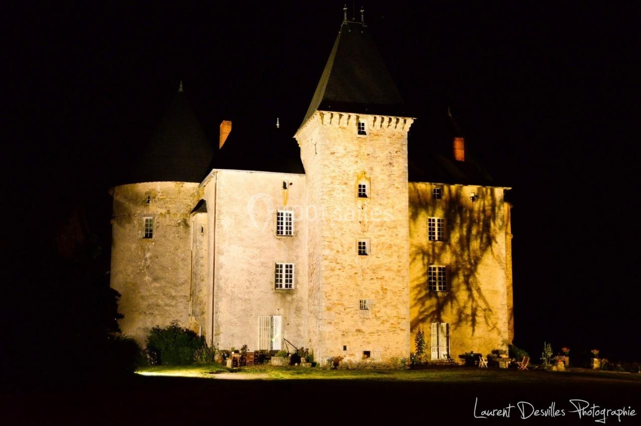 Château ancien éclairé de nuit, avec des ombres d'arbres projetées sur la façade en pierre.