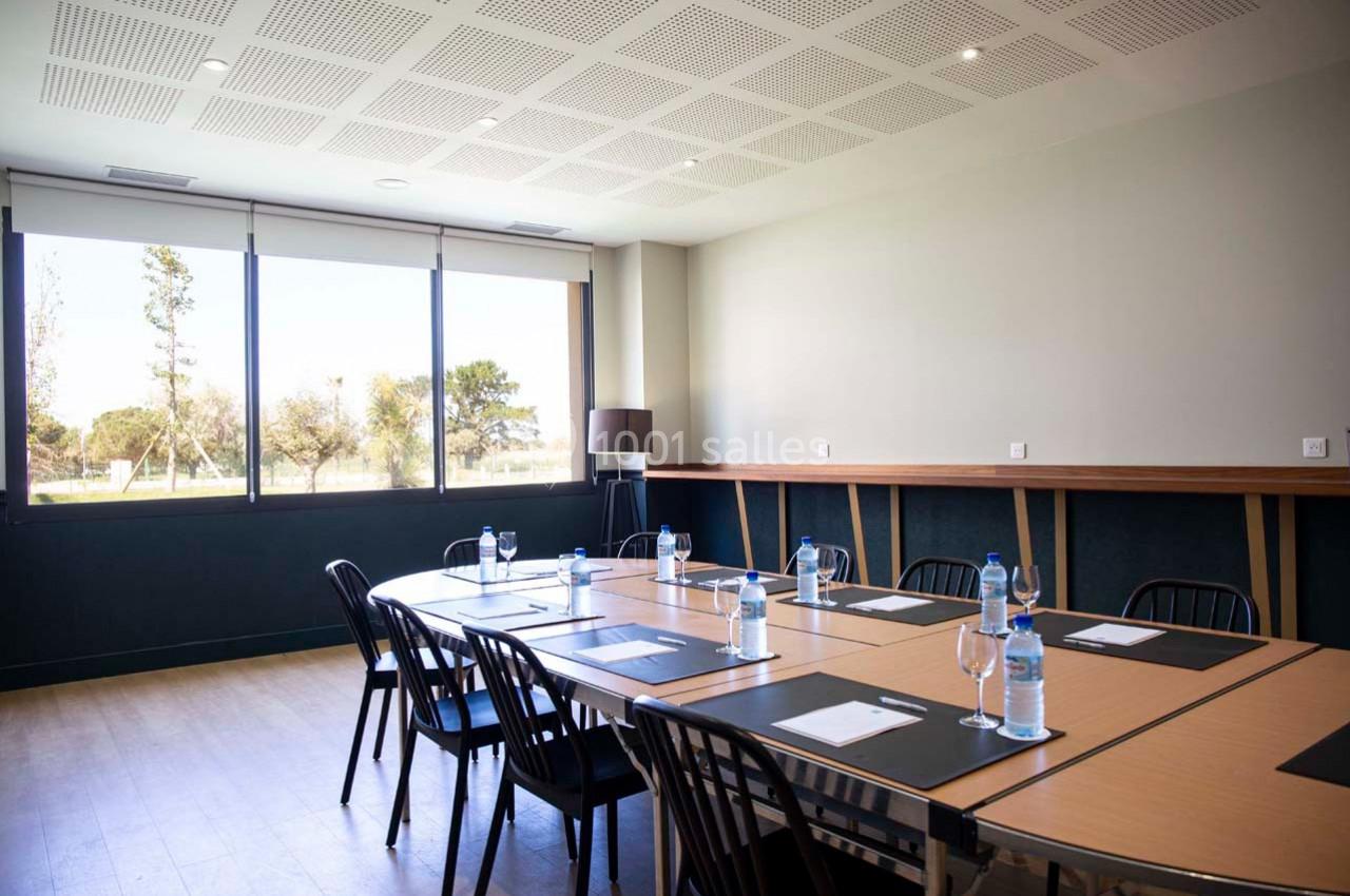 Salle de réunion lumineuse avec une grande table rectangulaire, chaises noires et fenêtres donnant sur un extérieur arboré.