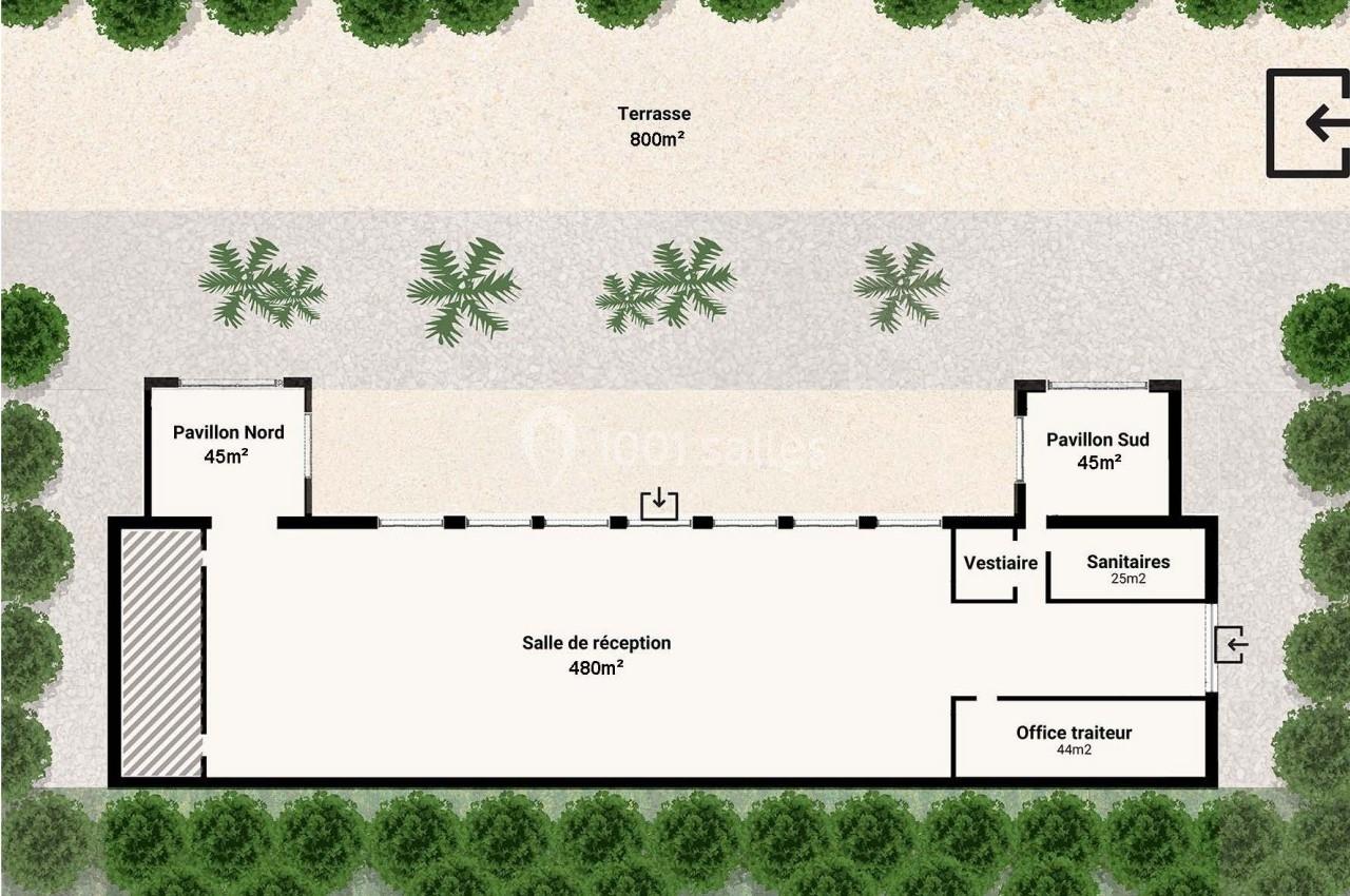 Plan d'une salle de réception avec terrasses, pavillons, vestiaire, sanitaires et office traiteur, entourée de verdure.