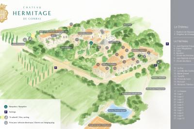 Miniature Location salle Servian (Hérault) - Château Hermitage de Combas #109 Plan illustré du domaine Château Hermitage de Combas avec localisation des bâtiments, parkings et espaces extérieurs.