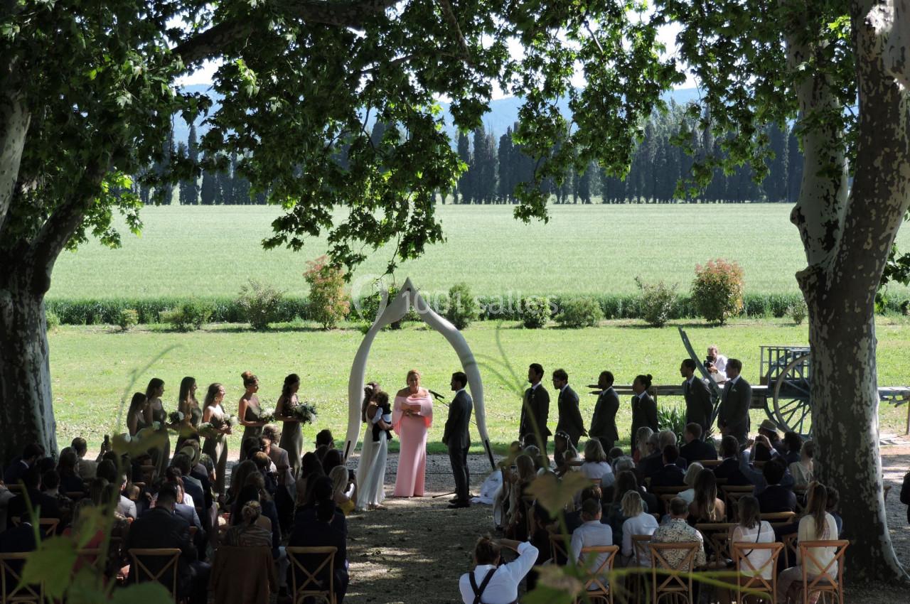 Cérémonie de mariage en plein air sous des arbres, avec des invités assis face aux mariés et un paysage champêtre en arrière…